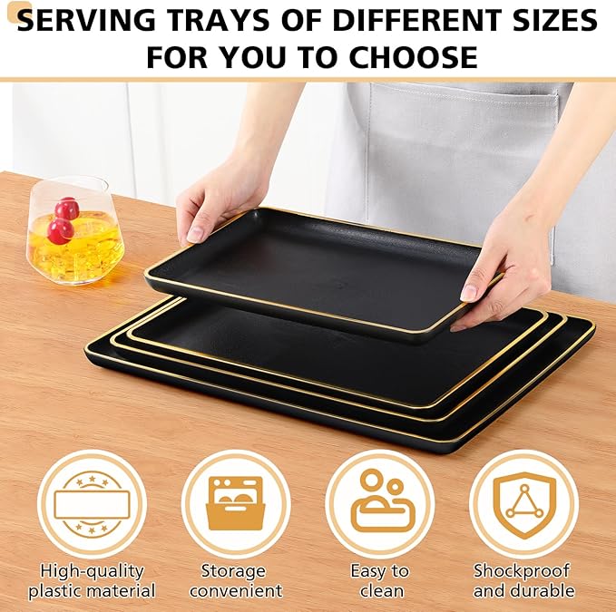 Rtteri Set of 4 Large Serving Platter Set 15/14/13/12 Inch Heavy Plastic Serving Trays Unbreakable Rectangular Platter Reusable Wood Grain Tray for Buffet Wedding Christmas Party(Black and Gold)