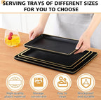 Rtteri Set of 4 Large Serving Platter Set 15/14/13/12 Inch Heavy Plastic Serving Trays Unbreakable Rectangular Platter Reusable Wood Grain Tray for Buffet Wedding Christmas Party(Black and Gold)