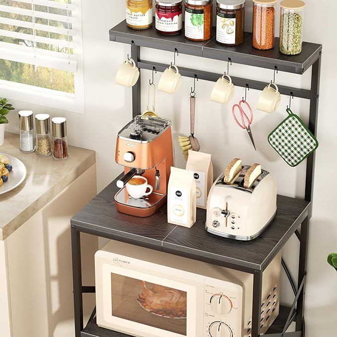 Kitchen Bakers Rack with Storage Shelves, Small Coffee Bar Cart with 8 Hooks, 4 Tiers Microwave Stand Station with Adjustable Shelves, Freestanding Kitchen Appliance Organizer, Black Oak