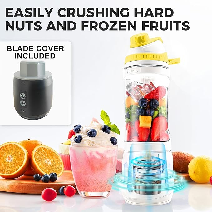Portable Blender, Anti-Jamming 300 Watt for Shakes and Smoothies, 24oz Travel Blender USB Rechargeable, BPA Free Sporty bottle with a Travel Lid. (Black Base Grey Lid) (Yellow Base Grey Lid)