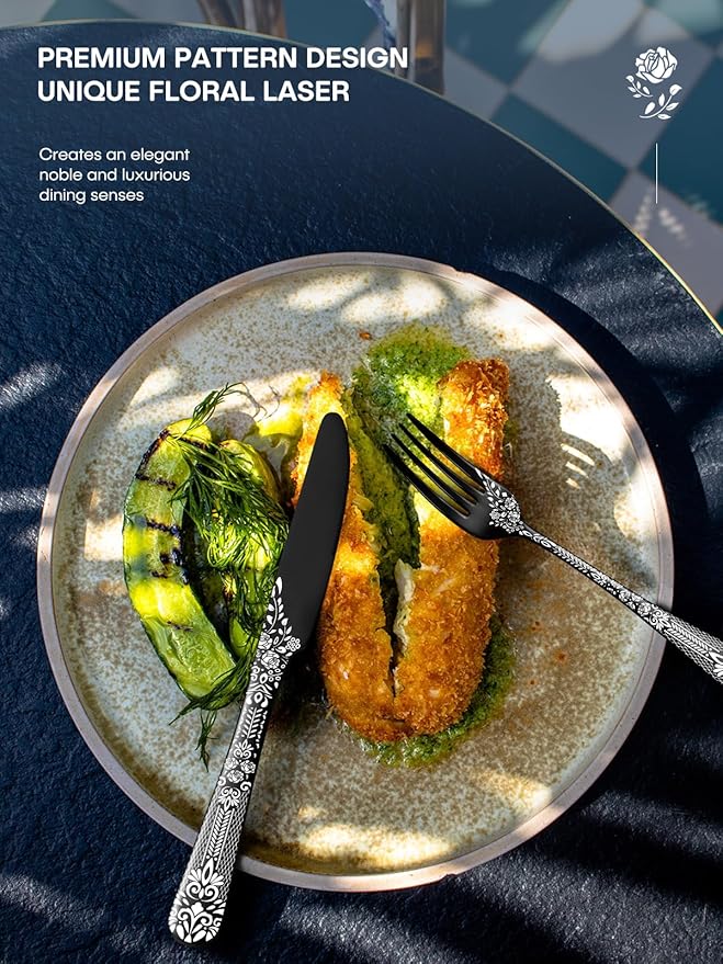 EUIRIO 24 Pieces Black Silverware Set with Steak Knives, Stainless Steel Flatware Set for 4, Black Cutlery Utensils Set, Include Spoons Forks Knives, Mirror Polished, Dishwasher Safe