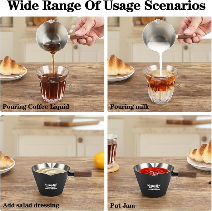 Mongdio Espresso Measuring Cup, Stainless Steel Espresso Shot Cups with Wooden Handle and Double Spouts, 6.8OZ/200ML, Black