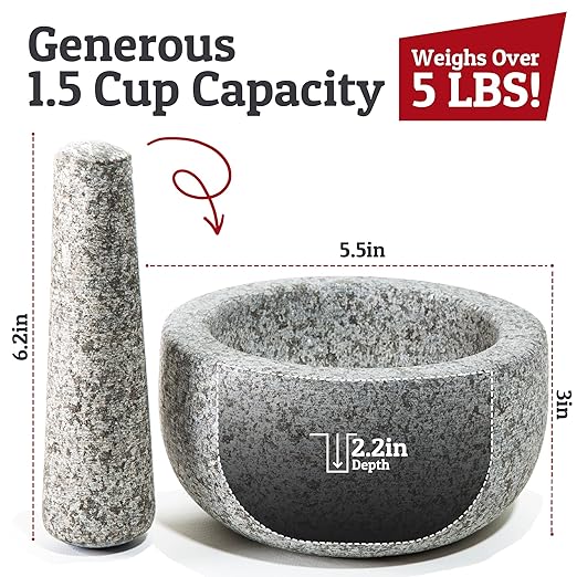 Priority Chef Heavy Duty Small Mortar and Pestle Set, 1.5 Cup, Make Fresh Guacamole, Salsa, Stone Grinder Bowl, Herb Crusher, Spice Grinder, 5.5" Wide, Grey