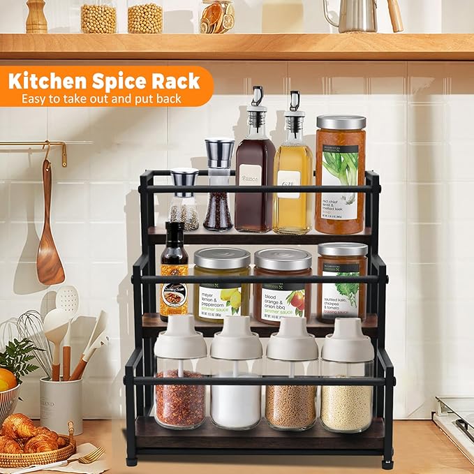 Coffee Syrup Rack - 3-Tier 12 Syrup Bottles Holder - Liquor Bottle Display Shelf - Kitchen Cabinet Organizer for Jars, Condiments - Wooden Countertop Organizer for Seasonings, Tea, or Coffee