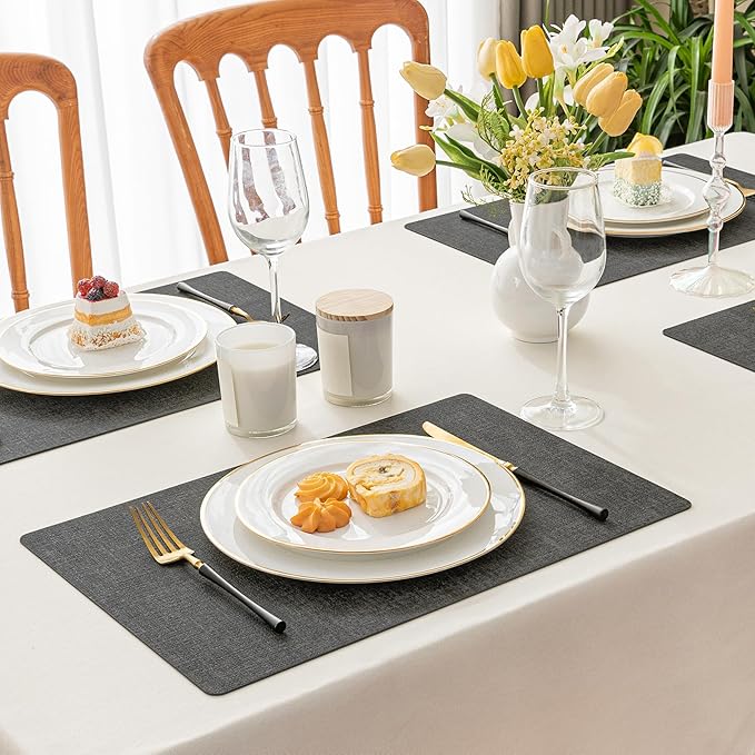 Romanstile Vinyl Placemats Set of 12-12 X 18 Inch - Heat Resistant Place Mats 100% Waterproof Oilproof Wipeable Reversible Faux Leather Table Mats for Kitchen/Dining/Party/Outdoor, Charcoal