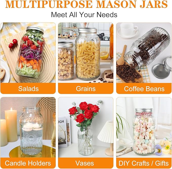 Wide Mouth Mason Jars 64 oz, 3 Pack Large Half Gallon Mason Jars with Airtight Lids and Bands, Clear Glass Canning Jars for Preserving, Pickling, Fermenting, Meal Prep & DIY Crafts (Sunflower)