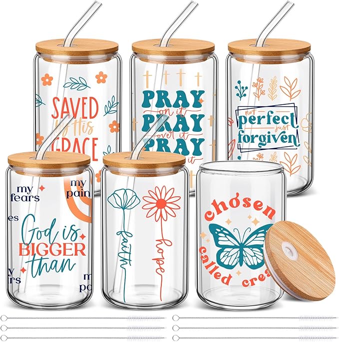 6 Pcs Christmas Jesus Christian Glasses 16 oz Drinking Glass Cup with Bamboo Lid and Glass Straw Can Shaped Beer Tumbler for Women Teenager Birthday Party Favor Christmas Appreciation Gift