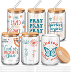 6 Pcs Christmas Jesus Christian Glasses 16 oz Drinking Glass Cup with Bamboo Lid and Glass Straw Can Shaped Beer Tumbler for Women Teenager Birthday Party Favor Christmas Appreciation Gift