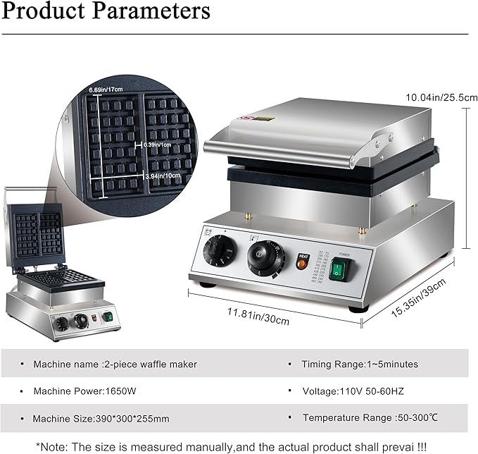 Commercial Waffle Maker, 1600W rectangle Waffle Iron, Non-Stick Belgian Waffle Baker Machine With Temp Range and Time Control, Teflon-Coated Baking Pan Stainless Steel Body