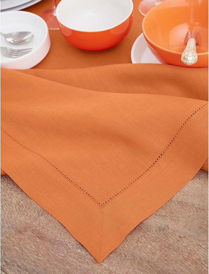 Solino Home Linen Tablecloth for Rectangle Tables 60 x 144 Inch - Classic Hemstitch 100% Pure Linen Pumpkin Table Cloth - Machine Washable Cloth Tablecloth for Fall, Autumn, Halloween