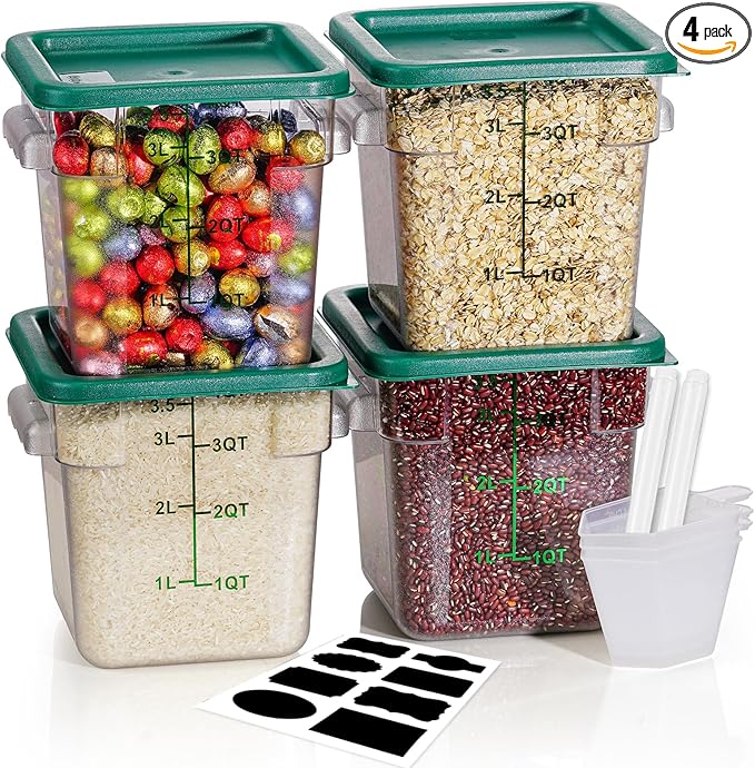 4QT NSF Food Storage Containers with Lids: 4 PCS [Total Food Grade][Hot&Cold Resistant] Commercial Clear Food Storage Containers for Restaurant Kitchen Proof Dough, Measuring Spoons Included(Green)