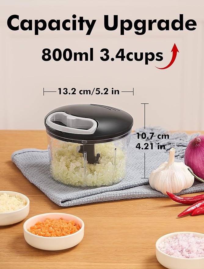 GDL Food Chopper, Pull Onion Chopper Dicer, Hand Powered Food Chopper, Fast Cutting Hand Chopper Mincer for Oinon, Garlic, Nut, 3.4 Cups 0.8L, Black