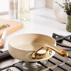 bloomhouse 8 Inch Heavy Duty Aluminum Premium PFA Free Ceramic Nonstick Saute/Deep Frying Pan Skillet - Almond Cream w/Gold Handle