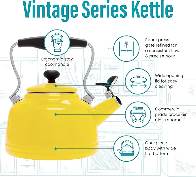 Chantal Tea Kettle, 1.7 QT, Vintage Series, Premium Enamel on Carbon Steel, Whistling, Even Heating & Quick Boil (Canary Yellow)