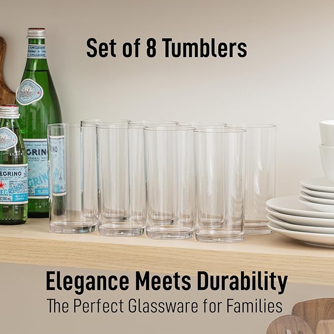 Zulay Kitchen Acrylic Glasses Drinkware - 8 Piece Unbreakable Plastic Tumblers - BPA-Free, Reusable Plastic Drinking Glasses for Home & Outdoors - Stackable, Lead-Free & Dishwasher Safe - (16 oz)