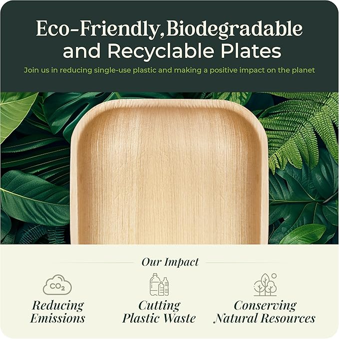 Palm Leaf Plates 10 Inch Bamboo Paper Disposable 50 Bulk Dinner Square Party Plates Event Tableware Eco Biodegradable Compostable Wooden Plate Best Alternative to Plastic Plate, By KoalaLove