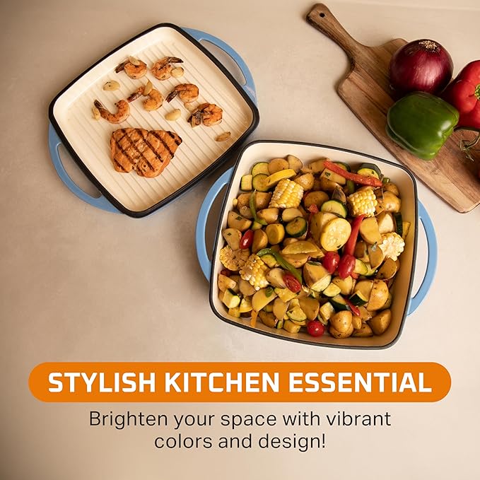 Bruntmor 2-in-1 Square Dutch Oven Casserole Dish with Lid, Dual Handles and Grill Pan for Baking, Braising and Grilling - Durable All-in-One Enameled Cast Iron Cookware Set for Kitchen, Whale Blue