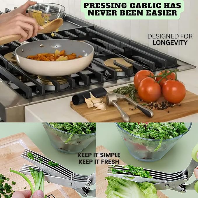 Premium Large Garlic Press & Herb Scissors Set, Soft & Easy to Squeeze Handle Garlic Press Stainless Steel, Herb Scissors, Garlic Mincer Tool, Garlic Peeler, Garlic Crusher & Herb Cutter Scissors