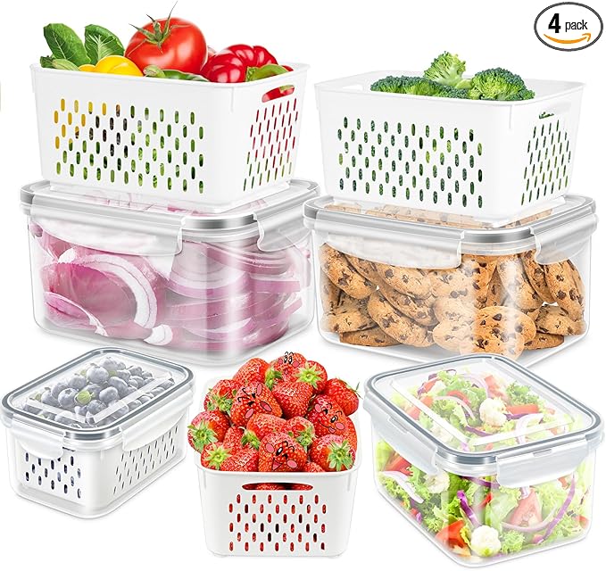 Fruit Storage Containers for Fridge, 4 Pack Produce Saver Vegetable Container with Drain Colanders - Refrigerator Organizer for Lettuce Keepers Berry Container