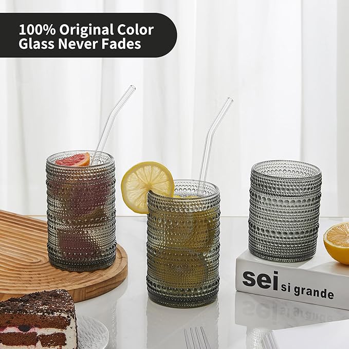 6-Pcs Hobnail Drinking Glasses Sets - 12 oz Vintage Kitchen Glassware Embossed Beaded Glass Cups, Gray Water Tumbler for Cocktail, Whiskey, Juice and Various Mixed Drinks