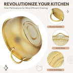 Baderke 3 Pieces Stainless Steel Gold Colander Metal Strainer with Handle Pasta Gold Colander for Kitchen Draining Pasta Rinsing Vegetables Rice Food, 3 Sizes(1-3-5 Quart,Classic)