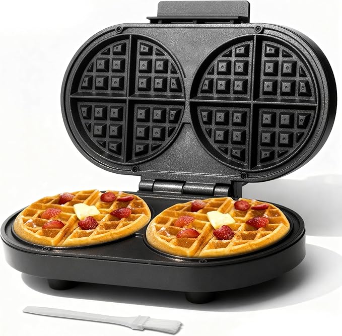 Baker’s Friend Double Belgian Waffle Maker Thick, 2 X 6” Round Waffle Maker, Belgium Waffle Iron, Waflera Electrica with Non-stick Plates, 1200W, Perfect for Kids & Family Breakfast, Graphite