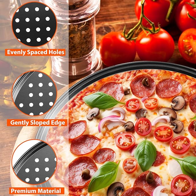 Round Pizza Pans with Holes, 4pc Set - Perforated Non-Stick Pizza Baking Pans for Oven, 9/10/11/12 Inch