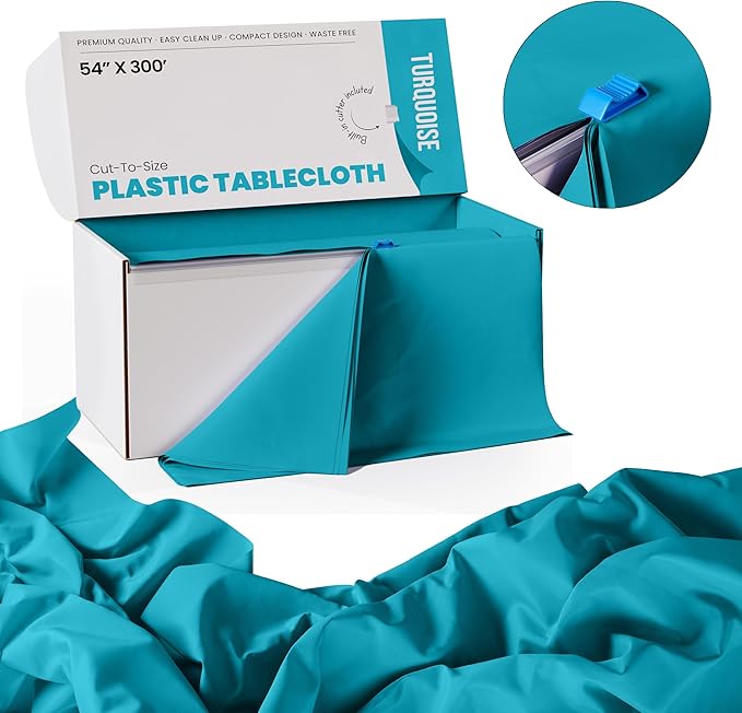 Exquisite Party Solids 54 Inch X 300 Feet Turquoise Plastic Table Cover Roll in A Cut - to - Size Box with Convenient Slide Cutter. Cuts Up to 36 Rectangle 8 Feet Plastic Disposable Tablecloths