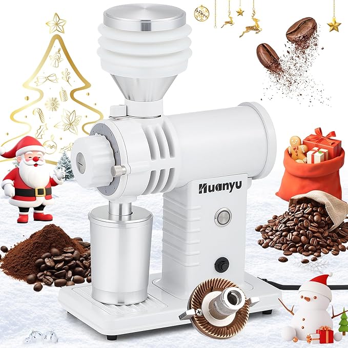 Huanyu Espresso Grinder with Titanium Flat Burr Electric Coffee Grinder with Hopper Bellows 10 Precise Grind Setting Coffee Grinders for Home Use White