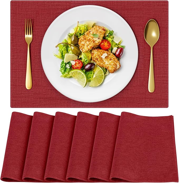 Cloth Placemats, Set of 6 Heat-Resistant Cotton Linen Blend Double Layered Machine Washable Place Mats, Wrinkle Free Thick Fabric Dining Table Mats for Indoors & Outdoors (Burgundy, 6)