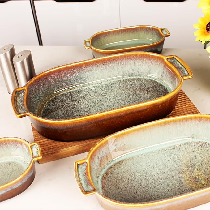 11"x7" Oval Casserole Dish, 1.8 Qt Ceramic Au gratin Baking Dish, Baking Pan with Handles or for mixing, salad, pasta plate, Best gift for those who love baking, Microwave, Oven safe