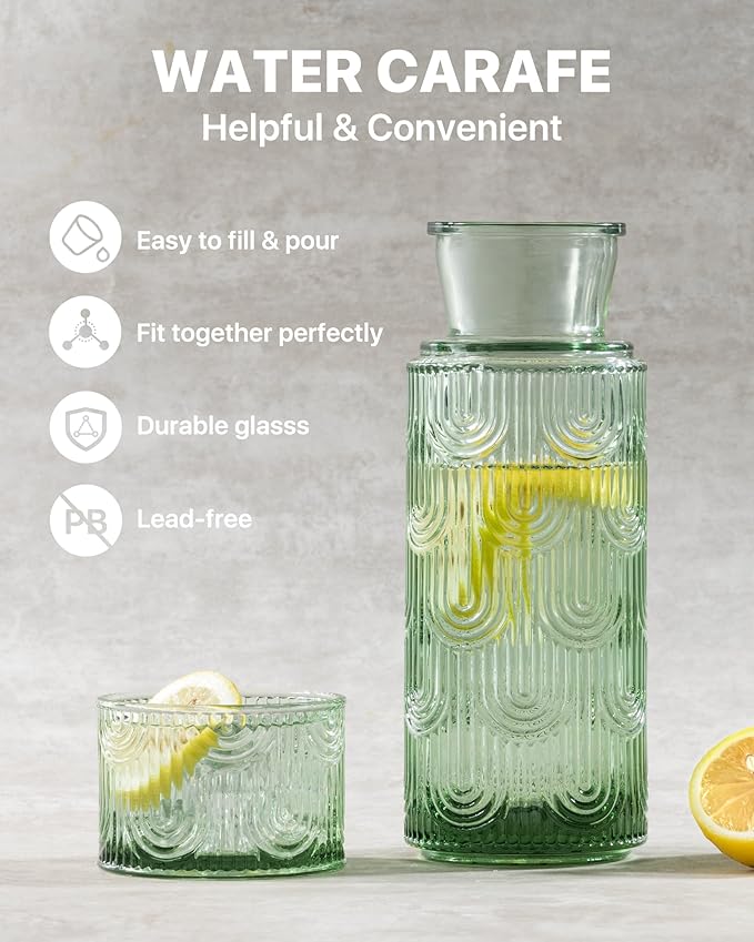 Bedside Water Carafe and Glass Set, Mouthwash Dispenser for Bathroom, 21.6 Oz Glass Water Bottles with 6 Oz Drinking Cup as Lid, Water Pitcher for Nightstand, Kitchen (Green)