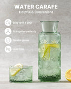 Bedside Water Carafe and Glass Set, Mouthwash Dispenser for Bathroom, 21.6 Oz Glass Water Bottles with 6 Oz Drinking Cup as Lid, Water Pitcher for Nightstand, Kitchen (Green)