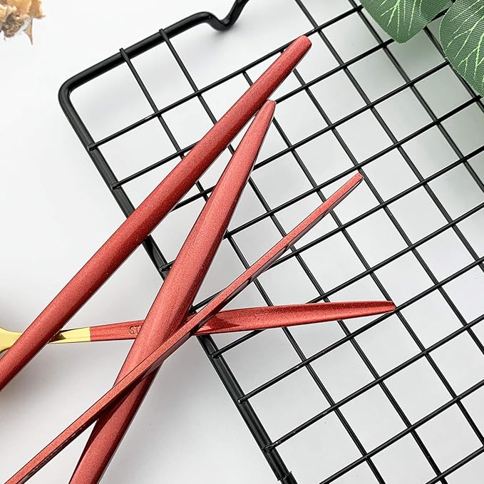 JASHII Flatware Serving Set 24 Piece, Stainless Steel Silverware Set, Red Gold Cutlery Set, Modern Elegant Tableware Set for Party, Christmas, Dinner (Red Gold)