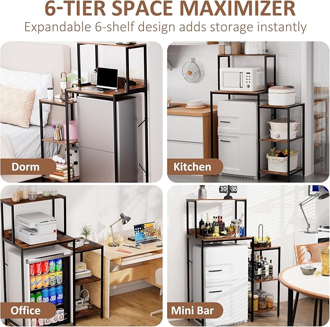 Mini Fridge and Microwave Stand over Refrigerator Storage Shelf with Power Outlet, 5 Tiers Adjustable Bakers Rack Cabinet Coffee Bar Appliance Organizer for Dorm Office,Brown