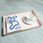 Spsyrine Pink Decorative Serving Tray with Handles, Elegant Plastic Coffee Table Tray for Ottoman, Living Room, Home Decor 15.6" X 10.2"