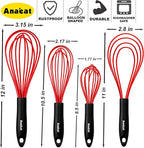 Anaeat Silicone Kitchen Whisk Set of 4, Perfect for Non-Stick Cookware, Milk and Egg Beater Blender for Whisking, Cooking, Baking, Beating - 11'' Flat Whisk and 8.5''+10.5''+12'' Balloon Whisks (Red)