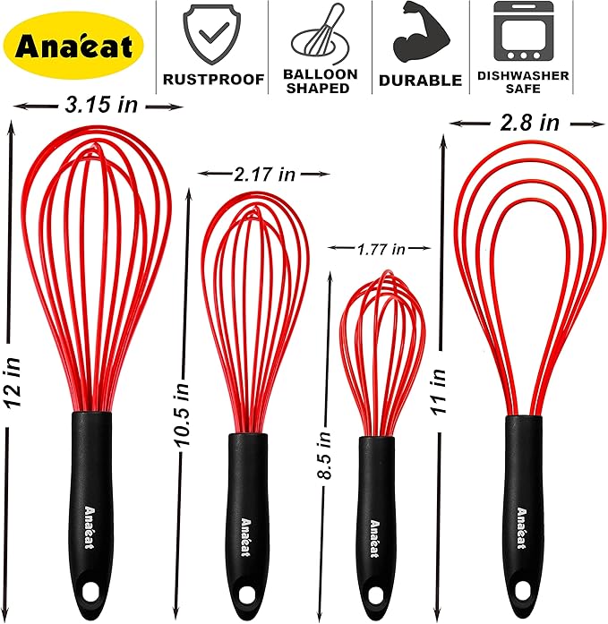 Anaeat Silicone Kitchen Whisk Set of 4, Perfect for Non-Stick Cookware, Milk and Egg Beater Blender for Whisking, Cooking, Baking, Beating - 11'' Flat Whisk and 8.5''+10.5''+12'' Balloon Whisks (Red)