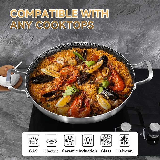 Inqibee 14-Inch Hybrid Tri-Ply Stainless Steel Paella Pan with Lid,Ceramic Non Stick Large Skillet,Induction Cooking Pan,Anti-Scratch,Dishwasher and Oven Safe