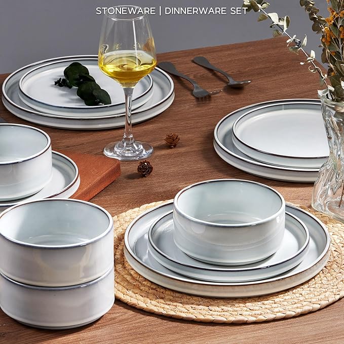 Stoneware Dinnerware Sets, Onader 12 Piece Plates and Bowls Dish Sets for 4, Ceramic Dishware Dining Ware with Rustic Terracotta Bottom - Glacier White