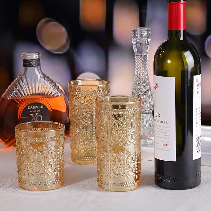 Amber Glassware set of 4, Vintage Drinking Glasses, 10oz Heavy Duty Glass Cups, Colored Glassware Set, Embossed Glasses Set for Party Wedding Home Office Gift