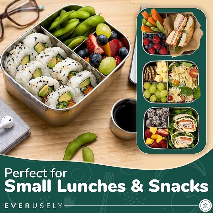 Everusely - Bento Box - Lavender, 27oz / 0.8 L - Stainless Steel Lunch Box with Leakproof Condiment Container - 3 Compartment Snack Organizer for On the Go Meals - Freezer & Dishwasher Safe