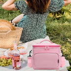 FlowFly Insulated Reusable Lunch Bag Adult Large Lunch Box for Women and Men with Adjustable Shoulder Strap,Front Zipper Pocket and Dual Large Mesh Side Pockets,Pink