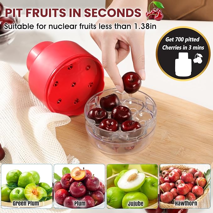 SCHVUBENR 7-IN-1 Large Cherry Pitter Tool - Portable Cherry Corer Pitter with Ergonomic Push Design - Easy to Use for Making Cherry Jam - Pit 7 Cherries at Once, Saving Time & Effort - Red