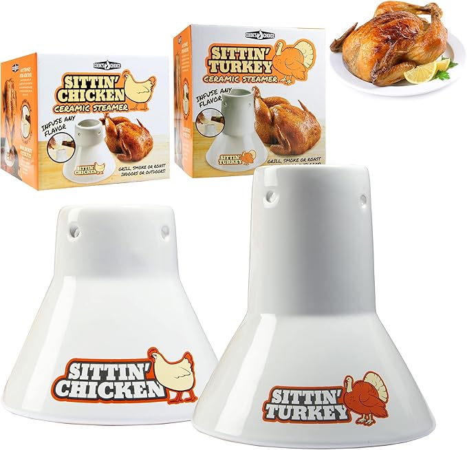 Sittin’ Chicken & Turkey Ceramic Beer Can Roaster & Steamer Duo - Upright Flavor-Infusing Grilling Tool for Juicy Poultry - Wide Ceramic Base Cooks up to 18lb Turkey for Xmas Dinner & Holiday Parties