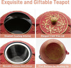 Cast Iron Teapot Tea Kettle with Stainless Steel Infuser for Stovetop Safe Coated with Enameled Interior Japanese Red Tetsubin with Maple Leaves Pattern(30.4oz/900ml)