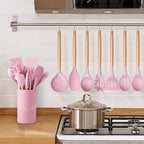 Silicone Kitchen Utensils Set, LIANYU 15-Piece Heat Resistant Cooking Utensils with Holder, Cooking Kitchen Gadgets Tools for Nonstick Cookware, Wooden Handle, Pink