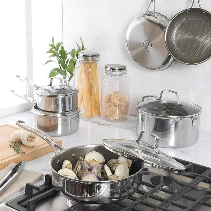 Martha Stewart Badgley Hybrid Nonstick 10 Piece TriPly Stainless Steel Pots and Pans Non-Toxic Kitchen Cookware Set - Laser Etched Non-Toxic Nonstick W/Stay Cool Handle Dishwasher and Induction Safe