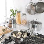 Martha Stewart Badgley Hybrid Nonstick 10 Piece TriPly Stainless Steel Pots and Pans Non-Toxic Kitchen Cookware Set - Laser Etched Non-Toxic Nonstick W/Stay Cool Handle Dishwasher and Induction Safe