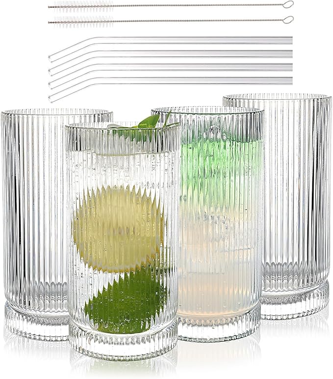 Vintage Ribbed Glassware Set with straws, 16oz Drinking Glasses, Origami Style Set of 4, Fluted Design, Ideal for Water, Iced Coffee, Juice, Beer, Milk, Cocktail, Gift